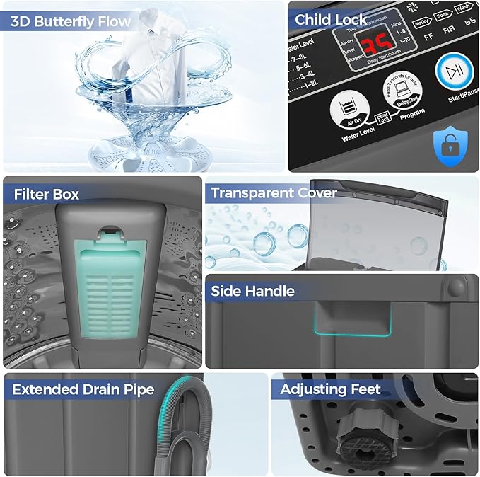 Nictemaw Portable Washing Machine, 20Lbs Capacity Portable Washer Machine, 2.8Cu.ft Washer and Dryer Combo with 10 Programs 8 Water Levels Compact Washing Machine for Apartments, Dorms, RV