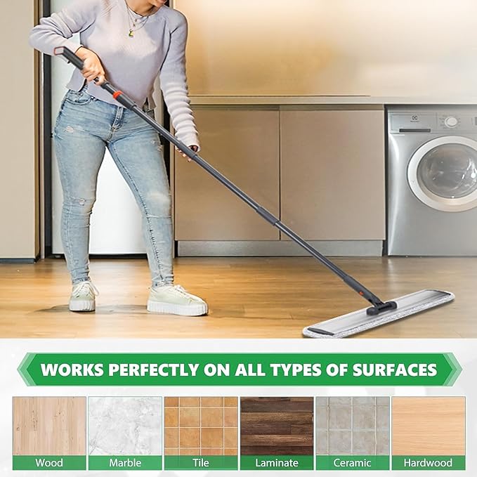 24in Flat Mop for Cleaning Floors, Heavy-Duty Microfiber Wet Mop with Easy Wringing & Deep Cleaning, Includes 4 Reusable Mop Cloths and Adjustable Long Handle