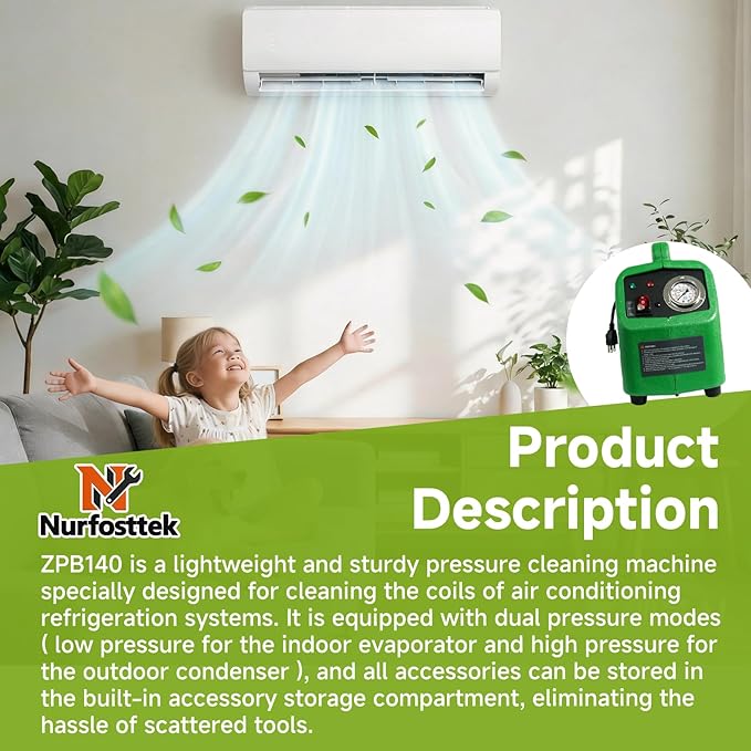 2026 Upgraded ZPB140 Portable Pressure Washer for HVAC Systems, Dual Pressure Modes, Indoor & Outdoor Cleaning, 80W 4L/min 0.7-1.0MPa