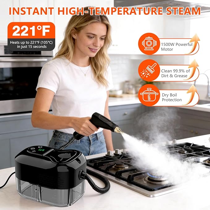 Steam Cleaner for Home & Car - 1200ML Water Tank 15s Heat-Up Portable Steamer for Cleaning, 6 Level Handheld Steam Cleaner for Car Detailing with 6 Accessories for Furniture, Grease, Carpet, Grout