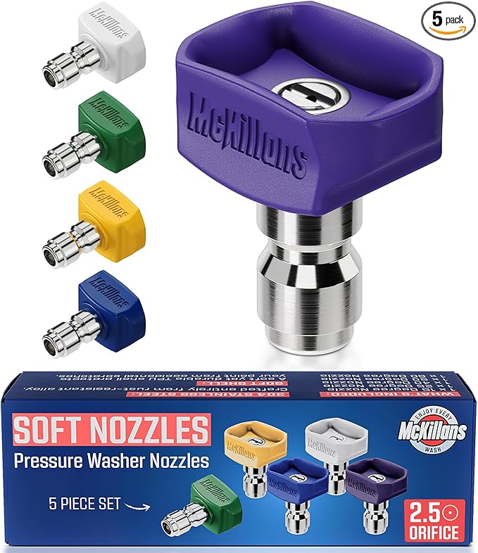 McKillans® 2026 Soft Pressure Washer Nozzle Tips - Fast Rinse - New Spray Angles 60° 50° 40° 25° 15° - Easy-Grip Design - 304 Stainless Steel - 1/4" Quick Connect - Power Washer Tips Set (2.5 Orifice)