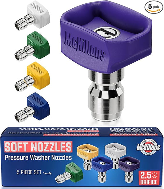 McKillans® 2026 Soft Pressure Washer Nozzle Tips - Fast Rinse - New Spray Angles 60° 50° 40° 25° 15° - Easy-Grip Design - 304 Stainless Steel - 1/4" Quick Connect - Power Washer Tips Set (2.5 Orifice)