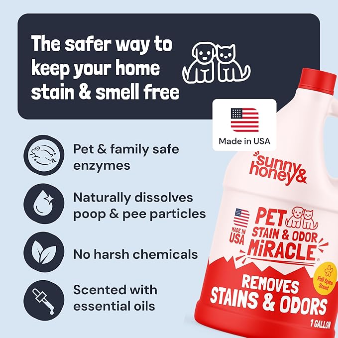 Sunny & Honey Pet Stain and Odor Remover - Enzyme Cleaner for Dog Urine and Poop on Carpets and Furniture - Strong Pet Carpet Cleaner Spray (1 Gallon Fall Spice)