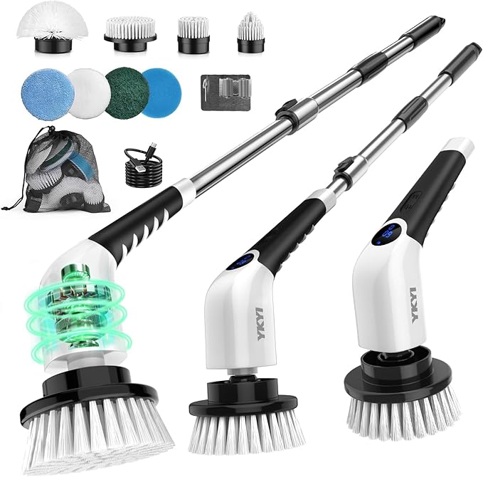 YKYI Electric Spin Scrubber-Cordless Power Scrubber with 8 Brush Heads, 3 Speeds & Adjustable Long Handle, IPX7 Waterproof Shower Cleaning Brush for Bathroom Tile, Bathtub, Grout, Kitchen(White)