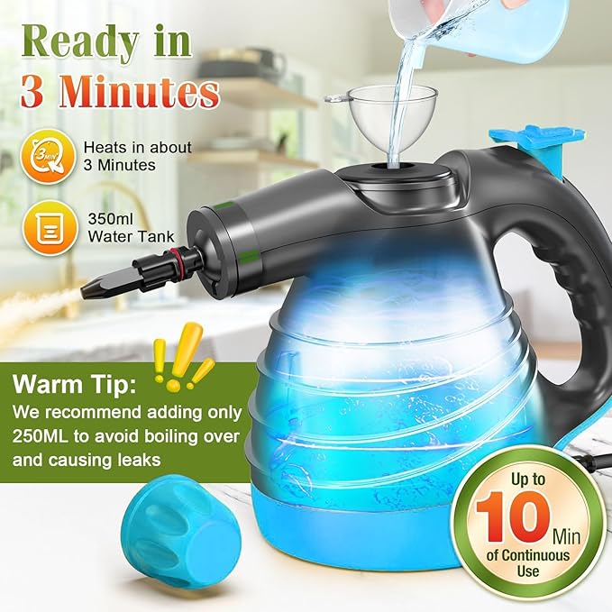 Handheld Pressurized Steam Cleaner, 1050W Multi-Surface Steamer for Cleaning, 9 Accessories Multi-Purpose Steamer for Home Use, Chemical-Free Natural Steam Cleaner for Car Floor Couch Grout (Blue)