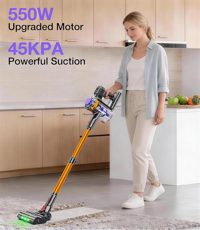 Cordless Vacuum Cleaner, 550W 45KPA 65Mins Vacuum Cleaners for Home, Stick Vacuum with Self-Standing, LED Display & Anti-Tangle Wireless Vacumm, Lightweight Vacuum for Pet Hair Carpet Floor