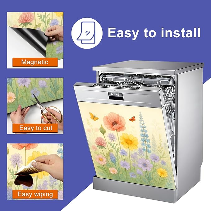 Dishwasher Magnet Cover 23x26 in Colorful Floral Magnetic Dishwasher Cover for Kitchen Appliance Decoration Front Panel Sticker Rustic Art Skin Panel Home Decor Decal