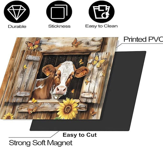 Farm Animals Cow Kitchen Magnet Dishwasher Skin Cover Panel, Country Sunflower Refrigerator Door Cover Sheet Magnetic, Butterfly Magnetic Dishwasher Sticker for Front, 23" W x 17" H Magnetic