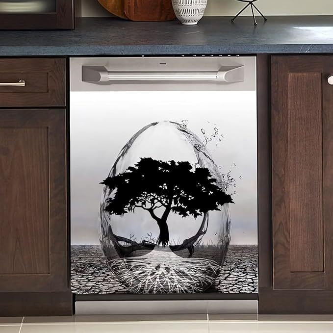 Abstract Art Dishwasher Cover Decoration Tree of Life Decal Magnetic Cover for Dishwasher Front Door Egg Shape Magnet Sticker Kitchen Dishwasher Decor Panel 23x17inch