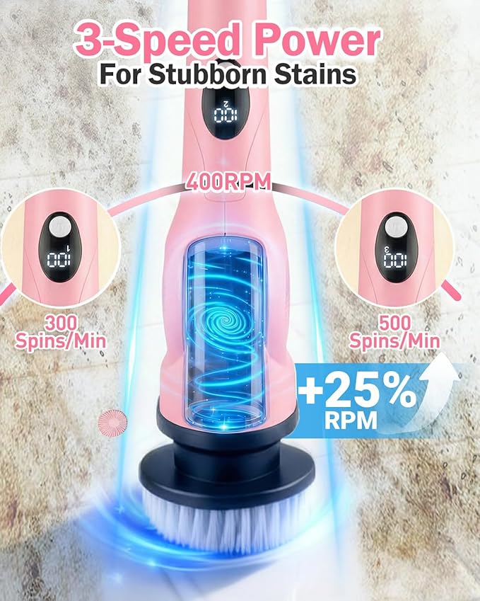 Electric Spin Scrubber, 3-Speed Cordless Shower Scrubber with Long Handle & 10 Replaceable Brush Heads, 90 Mins Runtime & Full-Body IPX7 Waterproof Shower Cleaner Brush for Bathroom Kithchen