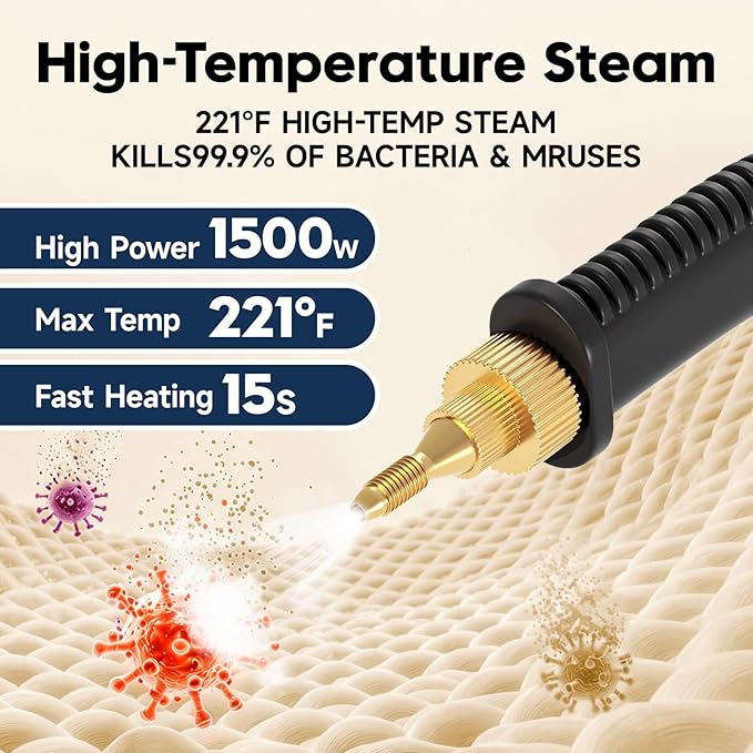 KEROMEE Steam Cleaner, 1500W High Pressure Steamer with 1.27Qt Tank, 15s Fast Heat, 6-Level Adjustable Steam, Portable Machine with 15pcs Kit for Dirt, Grease, Grout, Tile, Floor, Car Detailing