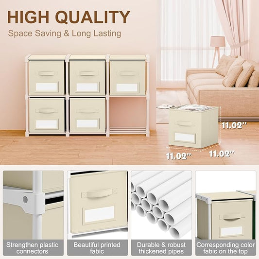 Geelin 6 Sets Cube Storage Organizer Bins with Shelf & Labels 11 Inch, Fabric Collapsible Cubby Toys Clothes Storage Drawer Unit for Daycare Nursery Playroom Bedroom Dorm Organizer (Khaki)