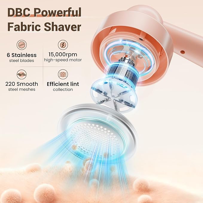 DBC Fabric Shaver & Lint Remover for Clothes, Sweaters & Furniture | 6-Leaf Blade, 3 Speeds, 2H Runtime, Portable Design Perfect for Travel, Includes 2 Extra Blades, Pink - Image 3