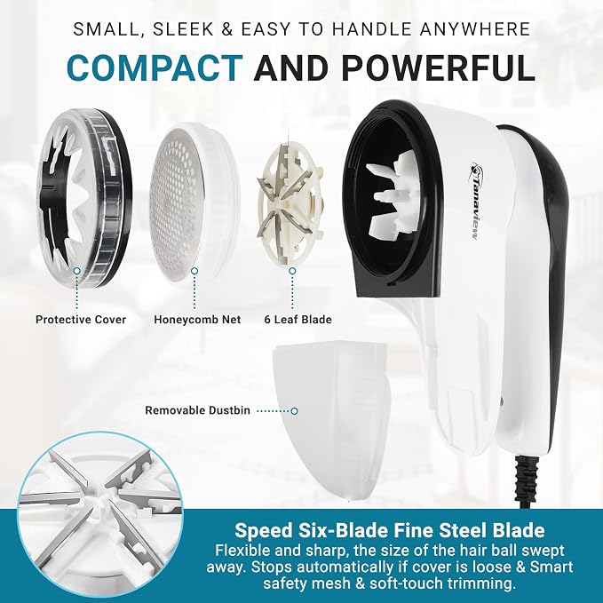 Power Corded Electric Fabric Shaver | No Battery, Pilling & Fuzz Remover for Clothes, Furniture, Couch, Sweaters, 6 Leaf Blades, Portable Defuzzer, Depiller - Image 6