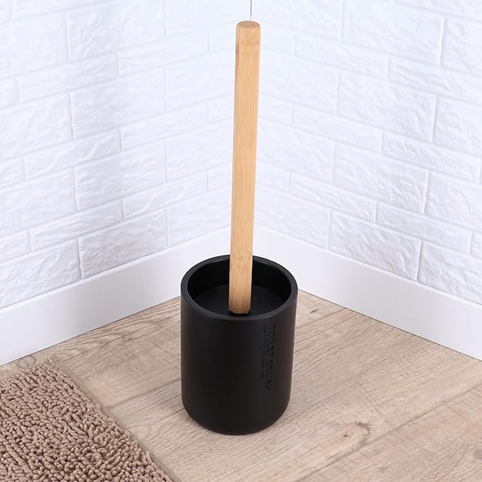 Sleek Matte Black Toilet Brush Holder with Bamboo Handle - Polyresin Bathroom Cleaning Tool Set (Black, Toilet Bowl Brush Only)