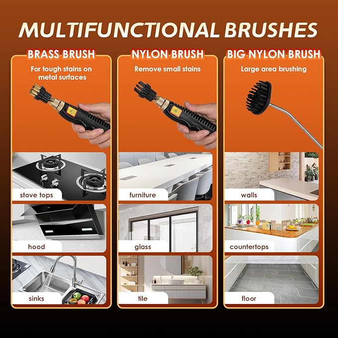 2500W Handheld Steam Cleaner, Pressurized Steam Cleaning Machine with 3 Brush Heads, 20s Heat Up, 1L Tank, Multipurpose Mini Portable Steamer for Tile, Grout, Furniture, Kitchen, Car, Home