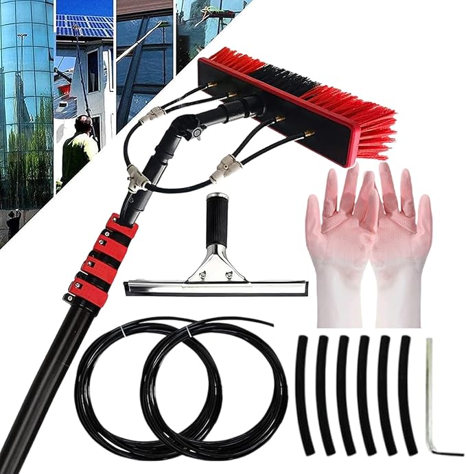 Extendable Window Cleaning Pole with 20m Hose, Window Brush & Solar Panel Cleaner, Conservatory Roof Cleaning Tool, Includes Rubber Gloves, 3.6m/12ft Long Reach
