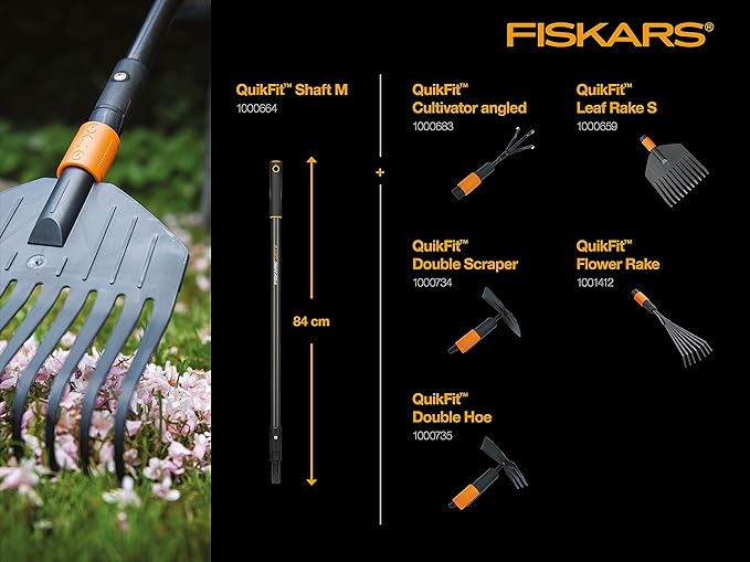 Fiskars Leaf Broom, Tool Head, Small, 11 Tines, Width: 21.3 cm, Plastic Tines, Black/Orange, QuikFit, 1000659
