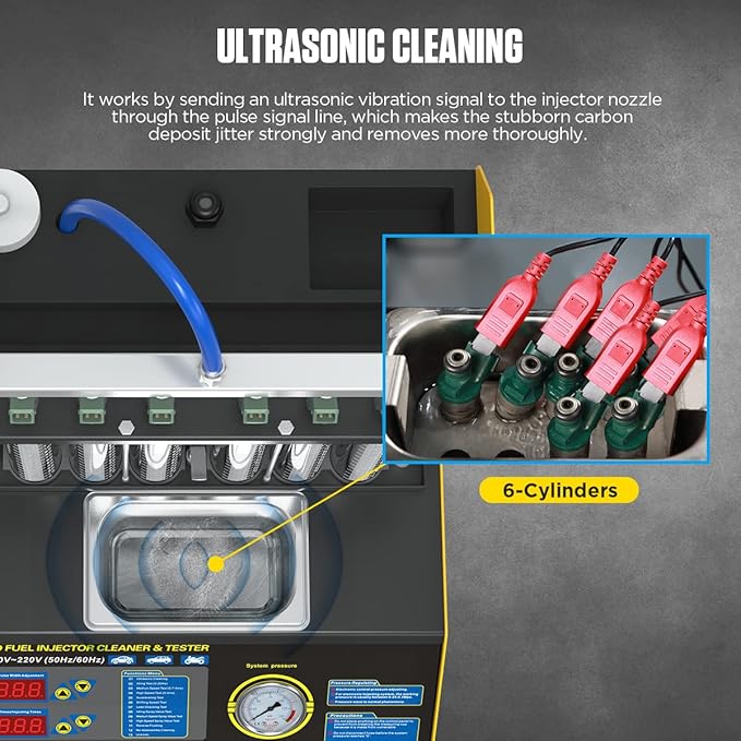 Fuel Cleaning Tools 6-Cylinder Injector Cleaner Tester CT-200 Fuel Injection Systems Cleaners Testers Gasoline Direct Injection Piezo Fuel Nozzle/High Pressure/Reverse Cleaning&On-Vehicle 220V/110V.