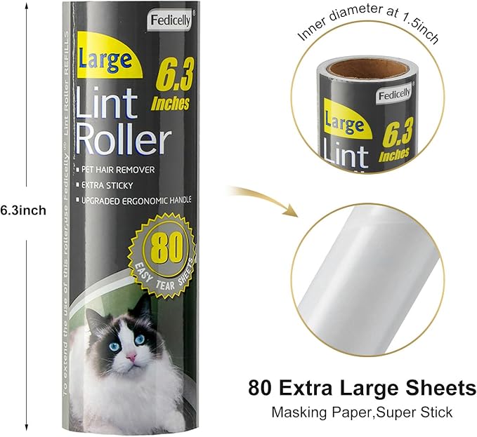 Fedicelly Large Lint Rollers Pet Hair Extra Sticky Refills,Mega Value Set 6.3 inches Wider with 320 Sheets for Cat and Dog Hair Removal,80 Sheets Per Roller - Image 3