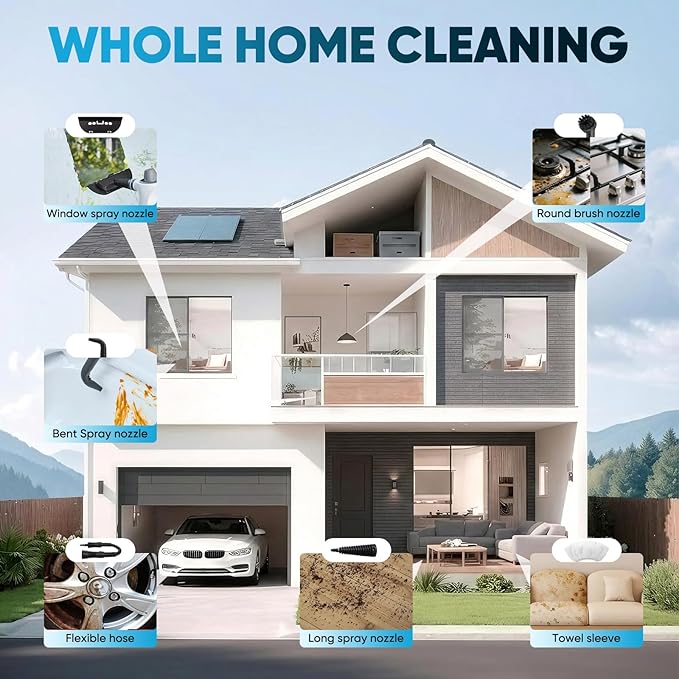 Sakerplus Steam Cleaner, Handheld Pressurized Steamer, 1050W 230°F Fast Heating with 9 Accessories, Multi-Surface Steam Cleaner for Home, Car, Tile & Grout, Windows, Upholstery (5 Towel Sleeve)