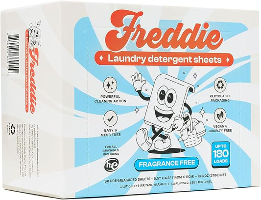 Freddie Laundry Detergent Sheets - Recyclable Packaging - No Mess Strips (Value Box (180 Loads), Fragrance Free)