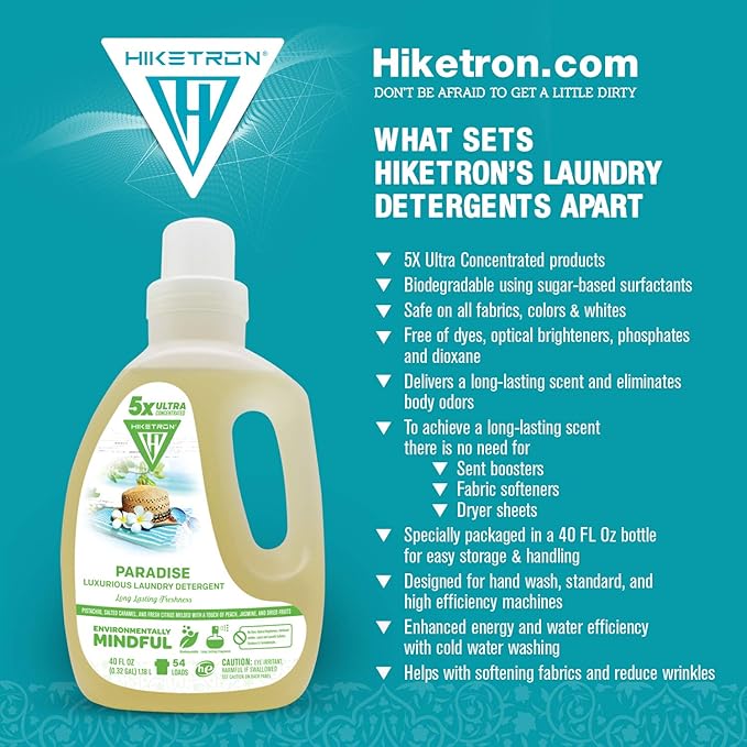 Hiketron Paradise Liquid Laundry Detergent, 5x Ultra Concentrated, Tough Stains Remover, Long Lasting Scent (40 Fl Oz, Pack of 1)
