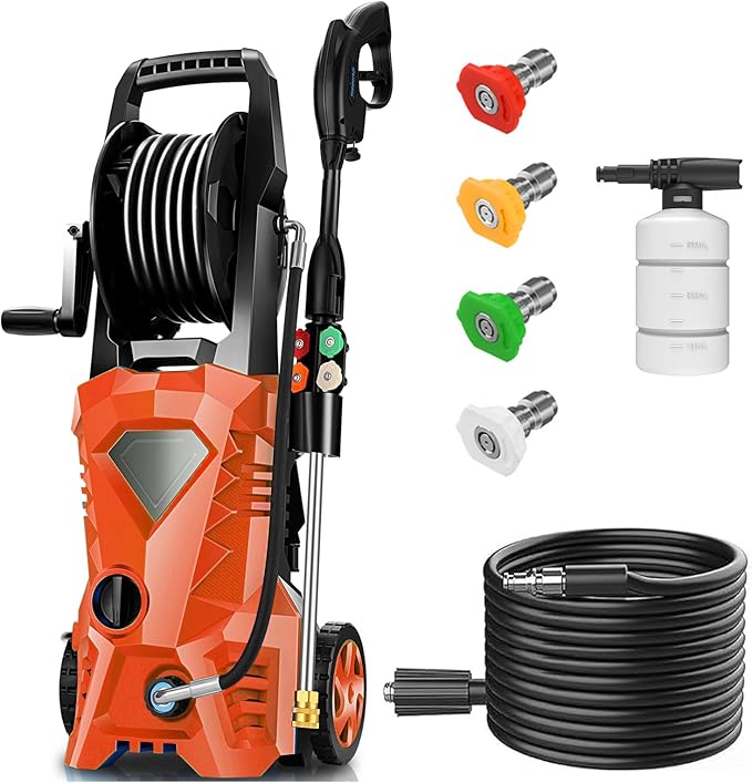 commowner𝐏𝐨𝐰𝐞𝐫 𝐖𝐚𝐬𝐡𝐞𝐫 𝟓𝟎𝟎𝟎𝐏𝐒𝐈 Portable with 33FT Pipe, 4 Nozzle Set for Home/Cars/Fences/Windows, Orange