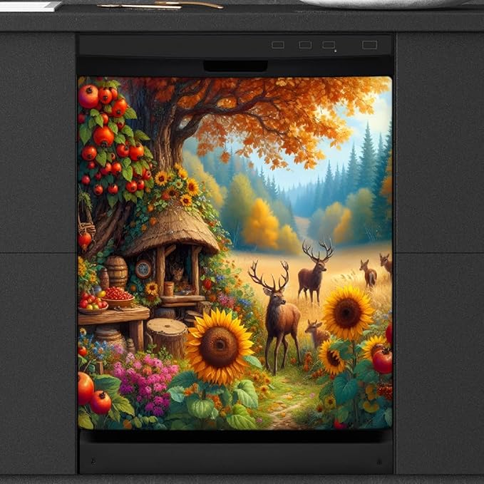 Autumn Deer Tree Dishwasher Magnet Cover for The Front Magnetic Dishwasher Door Covers Dish Washer Sticker Wrap Home Decorative Appliances Panel Decal Kitchen Decor 23" x 26" (Magnetic)