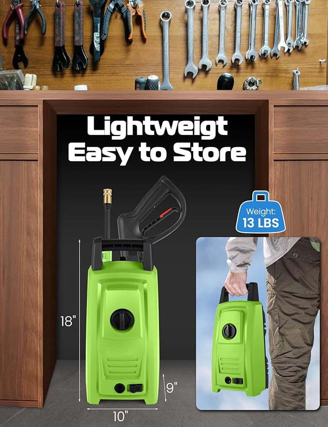 4500PSI Elecrtric Power Washer Small Portable Pressure Washer 20FT Hose, 4 Nozzle Set, Best for Home/Cars/Fences/Windows, Deep Green