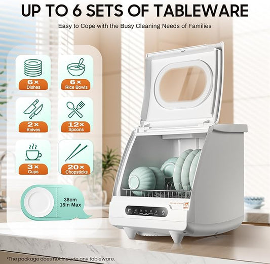 Portable Countertop Dishwasher 158℉ Mini Dishwasher 5 Programs 5L Automatic Dishwashing Machine 360° Spray Deep Cleaning With Air Drying 1200W Compact Dishes Cleaner