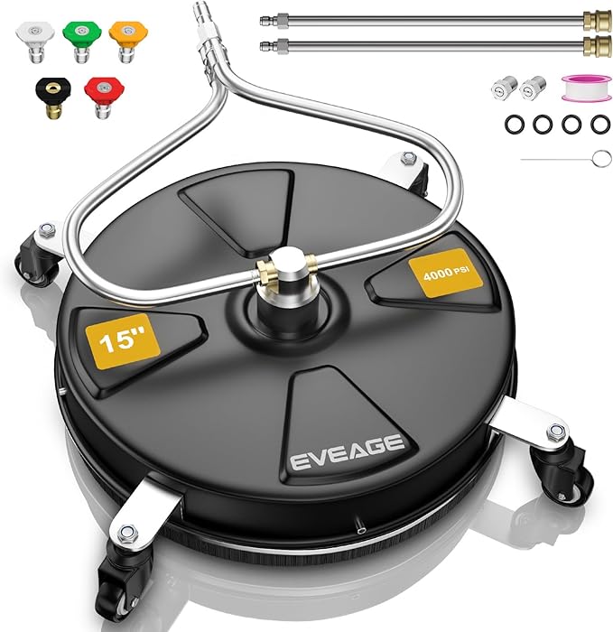 EVEAGE 15" Black Pressure Washer Surface Cleaner with Unique Curved Bar Design - 4 Wheel, 2 Nozzle Stainless Steel Pressure Washer Surface Cleaner for Driveway and Sidewalk Cleaning