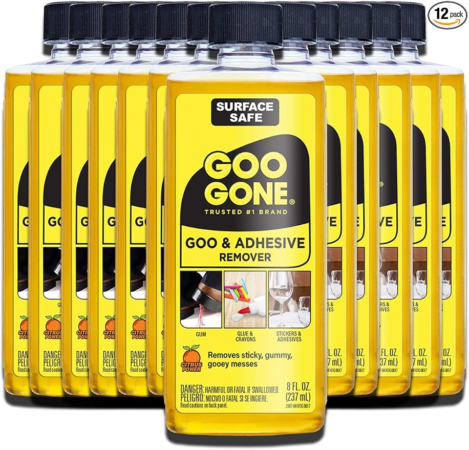 Goo Gone Original Liquid - 12 Pack - 8 Ounce - Surface Safe Adhesive Remover Safely Removes Stickers Labels Decals Residue Tape Chewing Gum Grease Tar Crayon Glue