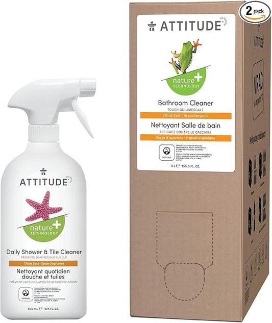 Bundle of ATTITUDE Nature +, Hypoallergenic Daily Shower & Tile Cleaner, Citrus Zest, 27.1 Fluid Ounce + Bulk Refill 135.26 Fl Oz