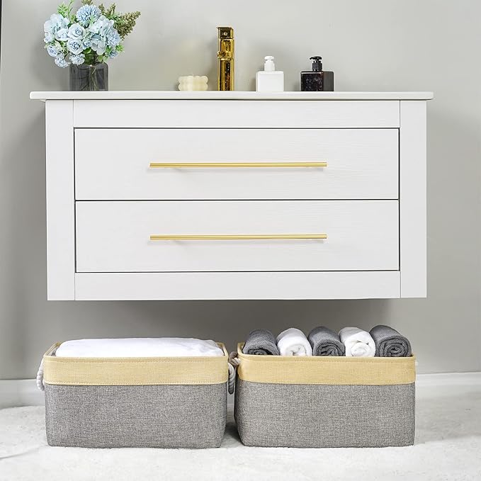 TheWarmHome Storage Basket - 15.7L??11.8W??8.3H 1 Pack Large Baskets for Organizing Shelves, Storage Bins for Clothes Book Shelf Home Fabric Storage Cubes (Gold and Grey)