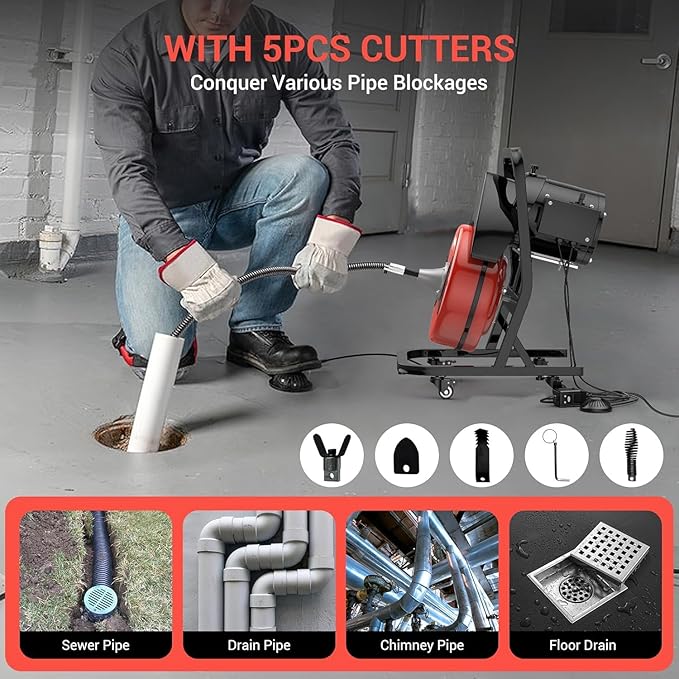 50FTx1/2 Inch Drain Cleaner Machine with Wheels, Sewer Snake Electric Drain for 2" to 4" Pipes, Plumbing Snake Auger Cleaner with 6 Cutter & Foot Switch for Sewer, Sink, Toilet, Bathroom