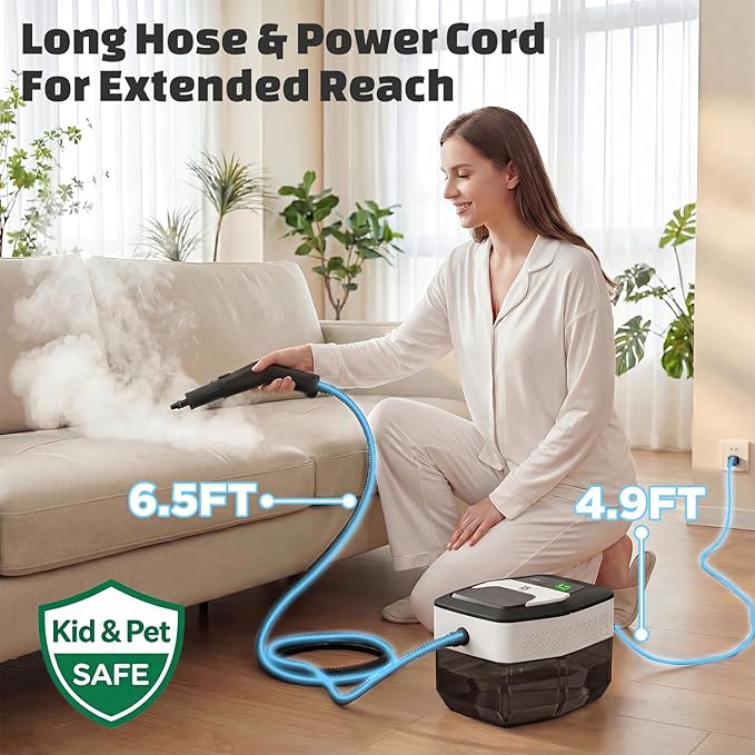 Handheld Steam Cleaner with On-Handle Control & Digital Display | 3 Level Pro Steam for Grease, Tile, Carpet | 45oz Tank, 10 Attachments for Home, Car, Kitchen Deep Cleaning (White)