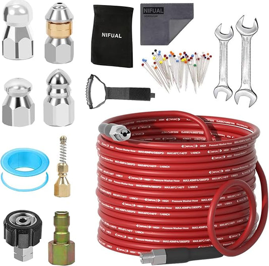 NIFUAL Sewer Jetter Kit for Pressure Washer,150FT 5800PSI Pressure Drain Cleaner 1/4 Inch NPT Corner Rotating and Button Hose Sewer Jetting Nozzle for Homeowners & DIYers (150FT)