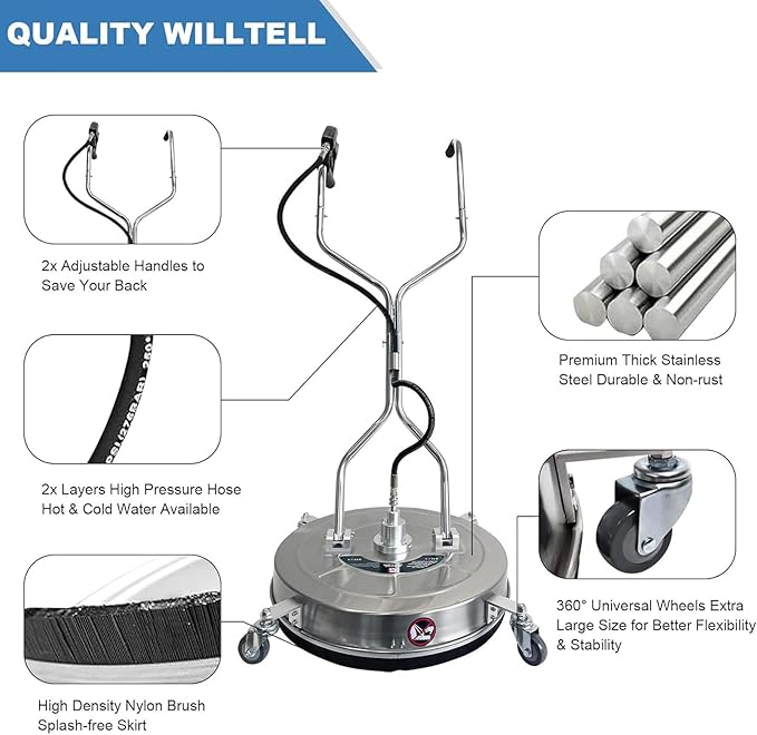 Pressure Washer Surface Cleaner, Stainless Steel Power Washing Equipment, 4900psi High Pressure Washing, Patio Driveway Cleaning Tools, Adjustable Handle Washer