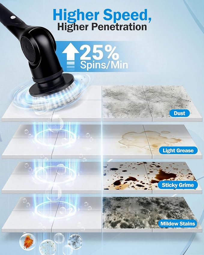 Electric Spin Scrubber, 3-Speed Cordless Shower Scrubber with Long Handle & 10 Replaceable Brush Heads, 90 Mins Runtime & Full-Body IPX7 Waterproof Shower Cleaner Brush for Bathroom Kithchen