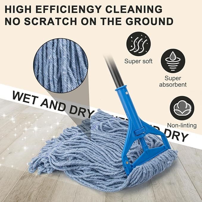 Commercial Industrial Mop with 3 Extra Large Reusable Replacement Head,59" Long Handle Heavy Duty Wet Mops,Looped-End String Cotton Mop for Floor Cleaning,House,Kitchen,Office,Garage,Tile(Blue)