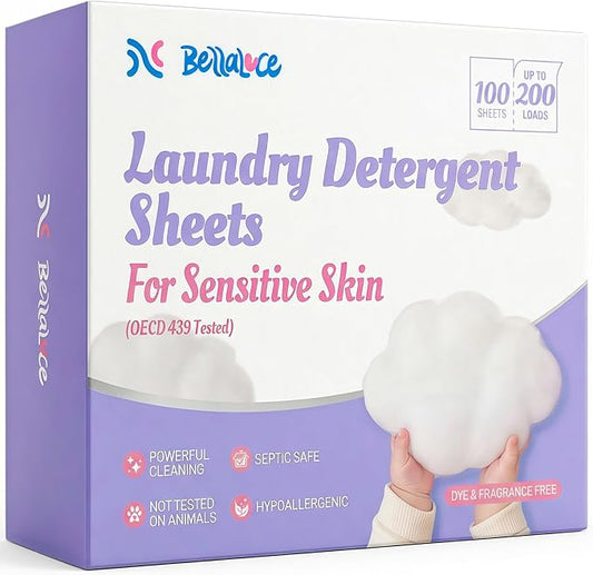 BellaLuce Sensitive Skin Laundry Detergent Sheets, 200 Loads (100 Count) - Hypoallergenic & Fragrance Free Washing Strips, Gentle for Baby, Travel & Dorm Essentials