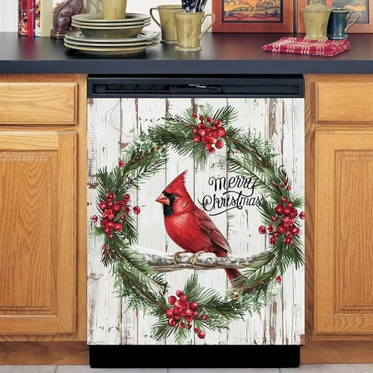 Generic Bird Dishwasher Face Cover - Magnetic Decorative Red Berries Pine Wreath Stickers, Winter Christmas Sticker, Fridge Door Cover, 23Wx26H