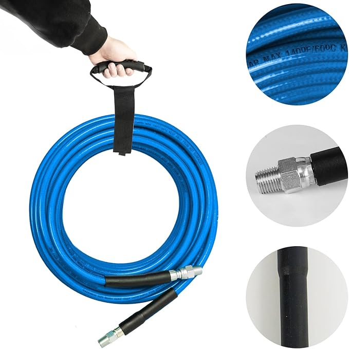 Xiny Tool Sewer Jetter Kit for Pressure Washer 200FT, 4000 PSI Drain Cleaner Hose 1/4 Inch NPT, Corner Rotating and Button Hose Sewer Jetting Nozzle Pearl Corsage Pin Tape Handle Strap Spanner, Blue