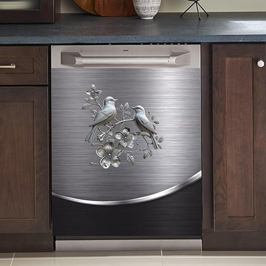 Grey Metal Silver Bird with Flower Pattern Magnetic Dishwasher Cover Sheet,Polishing Steelbird Dishwasher Skin Decor Silver Texture,23X17 INCH Magnet Rerigerator Kitchen Panel Decal Sticker