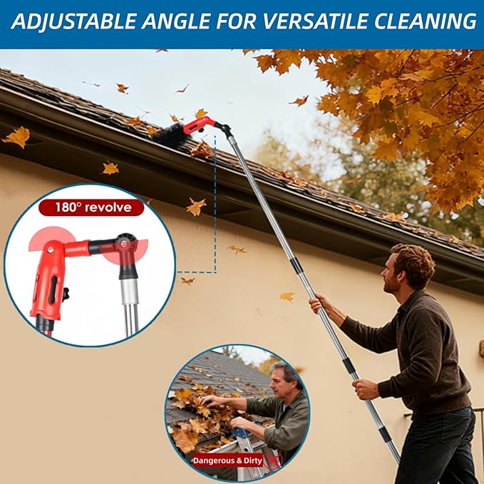 Gutter Cleaning Tools from The Ground, Adjustable Gutter Cleaning Pole with 180° Pivoting Head, Gutter Rake & 2 Gutter Brush, Gutter Cleaner Tool for Removing Leaves, Debris & Spider Webs (Black)