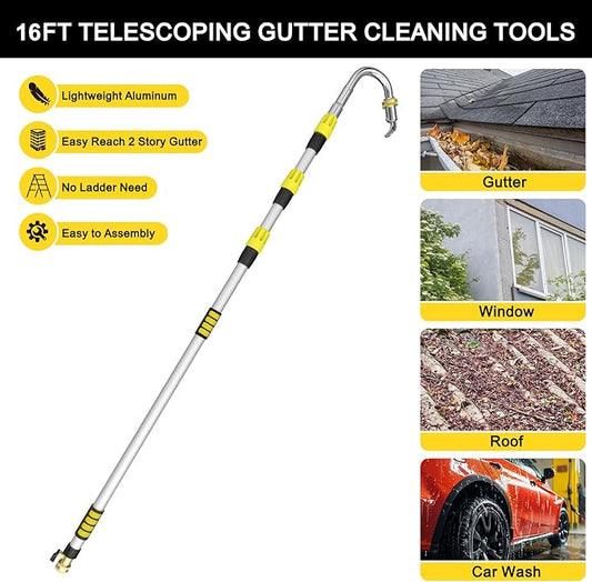24FT Reach Gutter Cleaning Tools from Ground, Telescopic Rain Gutter Cleaners Tool with Quick Connect Adapter and Heavy Duty Wand for 2nd Story House
