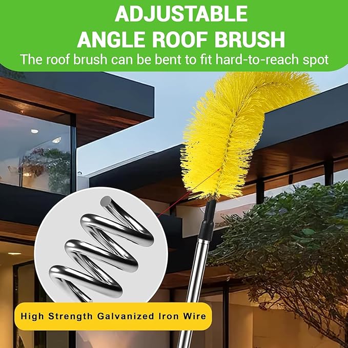 Gutter Cleaning Tools, 12ft Adjustable Length Telescopic Pole Gutter Cleaning Tools from The Ground,9 Stainless Steel Tubes Gutter Cleaning Tools with 2 Brushes Green