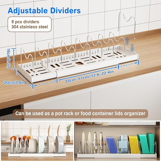Pots and Pans Organizer Under Cabinet, 22" Expandable Food Storage Container Lid Organizers with 9 Adjustable Dividers Pot and Pan Lid Holders Rack Inside Cabinet/Countertop(1 Pack, White)
