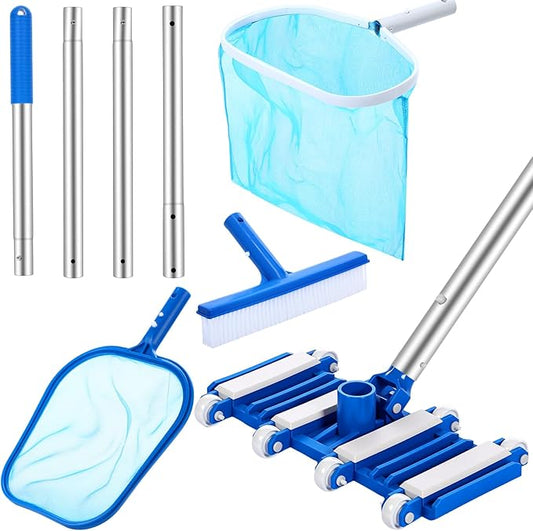 Tioncy 5 Pcs Pool Vacuum Cleaning Kit Includes Right Corner Pool Vacuum, 2 Skimmer Nets with 47" Adjustable Pole and 1 Brush for Above Ground Ponds Hot Tub Spa Wall Floor Cleaning Maintenance